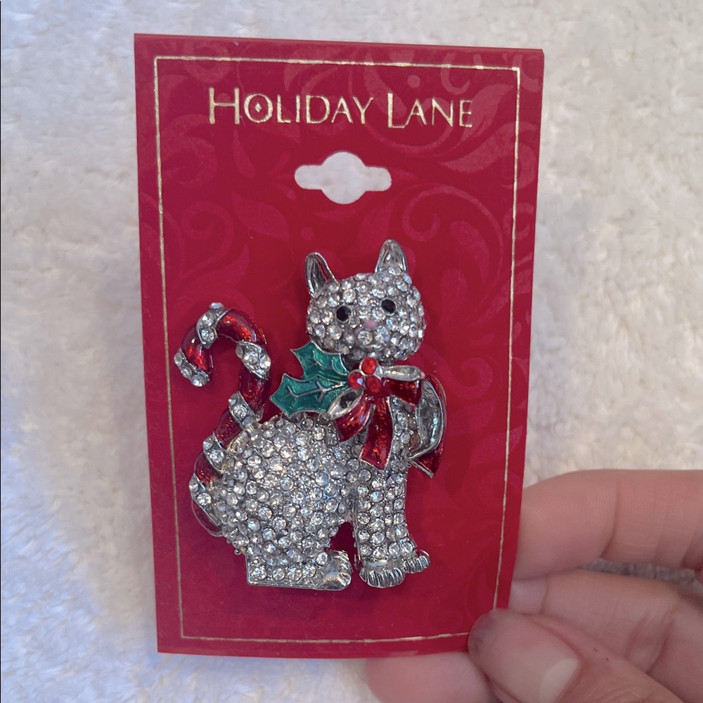 Holiday Lane Brooch - Christmas Cat with Candy cane tail - New
